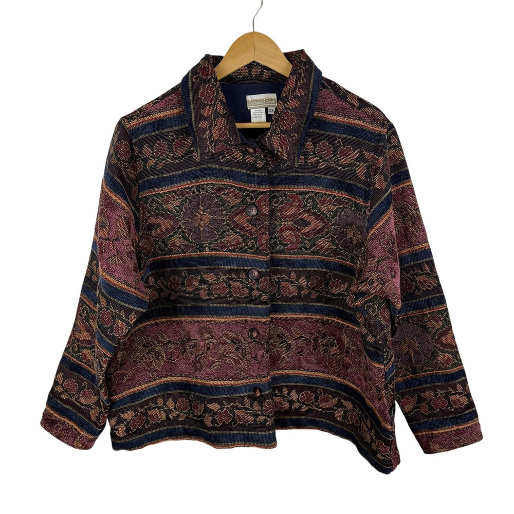 Coldwater Creek Tapestry Jacket Size 2X Multicolor Floral Woven Boho VTG Retro